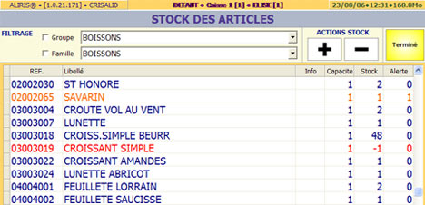 aliris: stock des articles en caisse