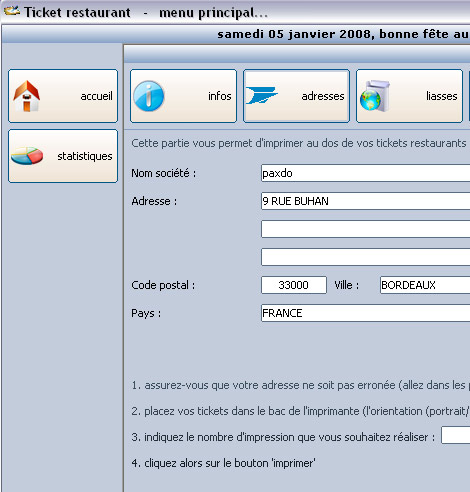 Impression de l'adresse de l'entreprise au dos des titres-restaurant