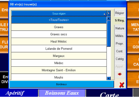 Fentre de slection des vins dans Euresto