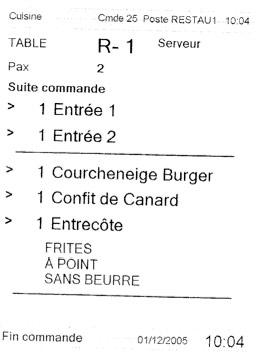 ticket de suite de commande en cuisine, imprim par Euresto