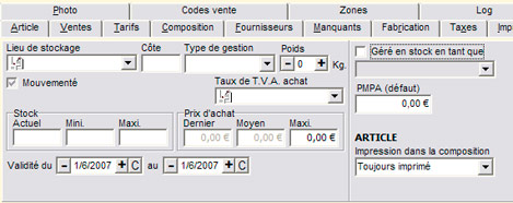 informations de stock et stockage de l'article