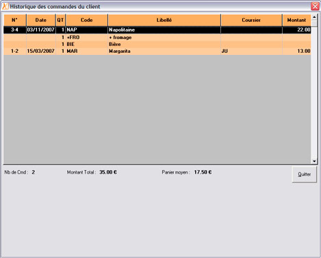 Nestor, logiciel de livraison  domicile de pizzas: Historique de commandes sans quitter la vente en cours - Indication du taux de rgularit de commandes du client - Points fidlit indiqus  l'cran (12) -- 03/11/07