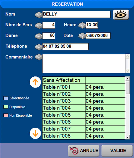 saisie d'une rservation dans orchestra restaurant