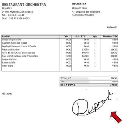 Facture signe cre par le logiciel de restaurant Orchestra